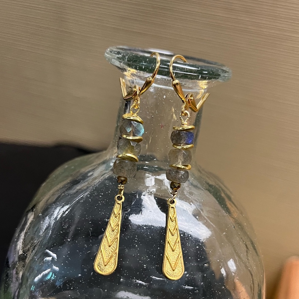 3/$45- Faceted Flashy Labradorite Gold Dangle Earrings